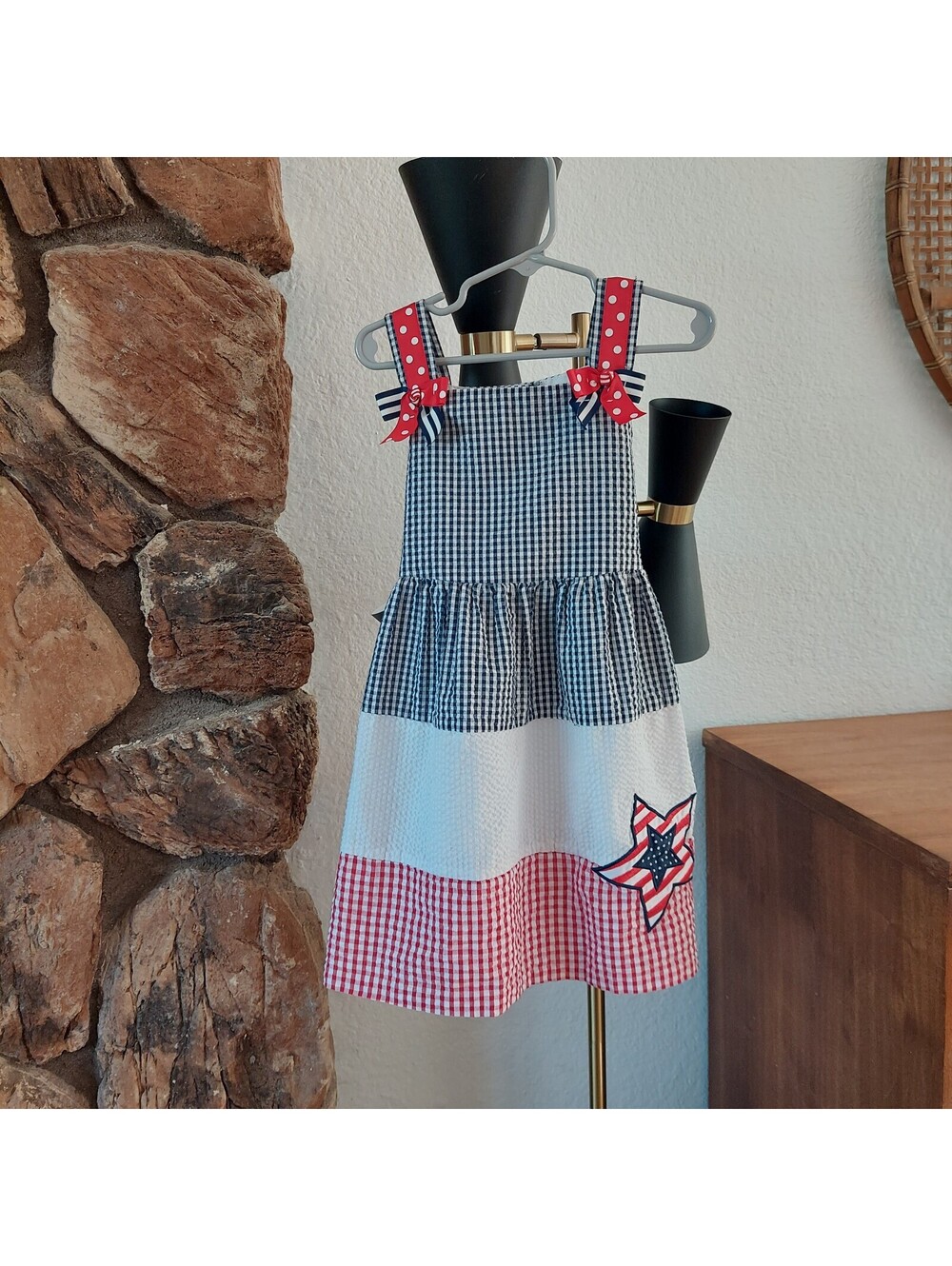 Counting Daisies Girls' Patriotic Gingham Dress with Star Applique and Bow Strap